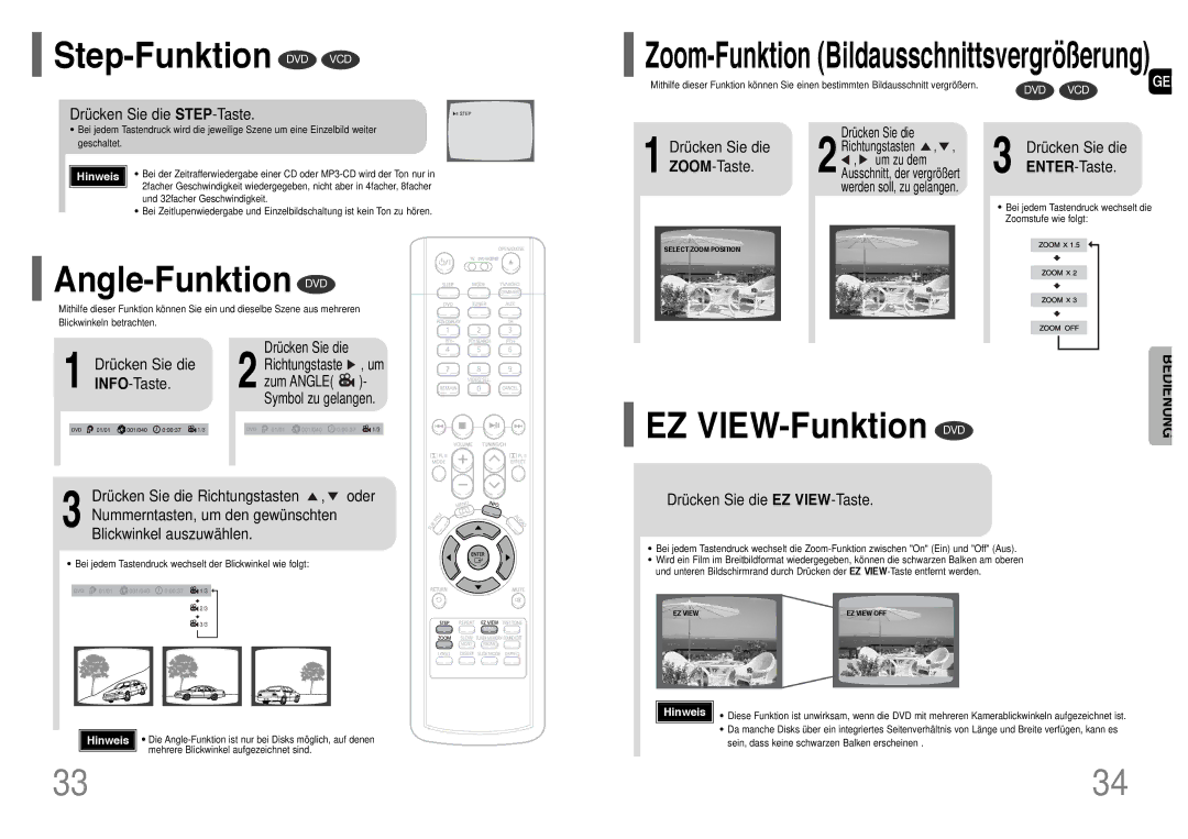 Samsung HT-TP33R/ELS, HT-UP30R/EDC, HT-UP30R/ELS manual Step-Funktion DVD VCD, Angle-Funktion DVD, EZ VIEW-Funktion DVD 