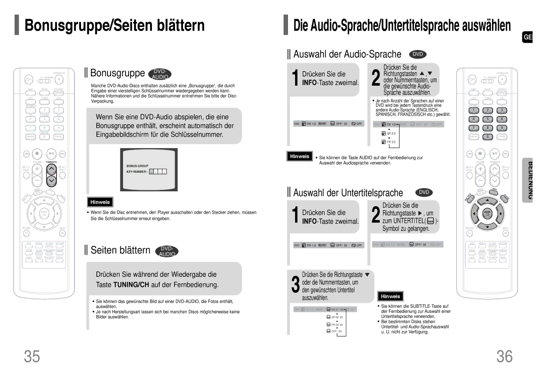 Samsung HT-TP33R/EDC, HT-UP30R/EDC Bonusgruppe/Seiten blättern, 1INFO-Taste zweimal, 1Drücken Sie die INFO-Taste zweimal 