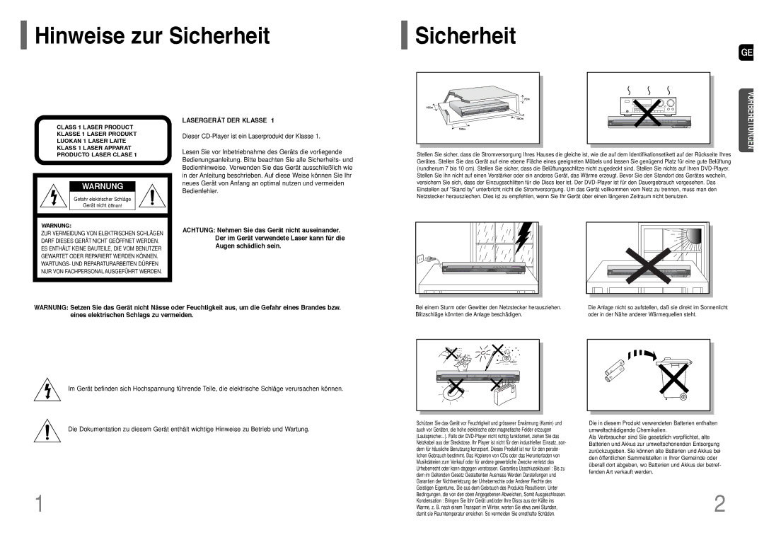 Samsung HT-TP33R/ELS, HT-UP30R/EDC, HT-UP30R/ELS, HT-TP33R/EDC manual Hinweise zur Sicherheit, Warnung 