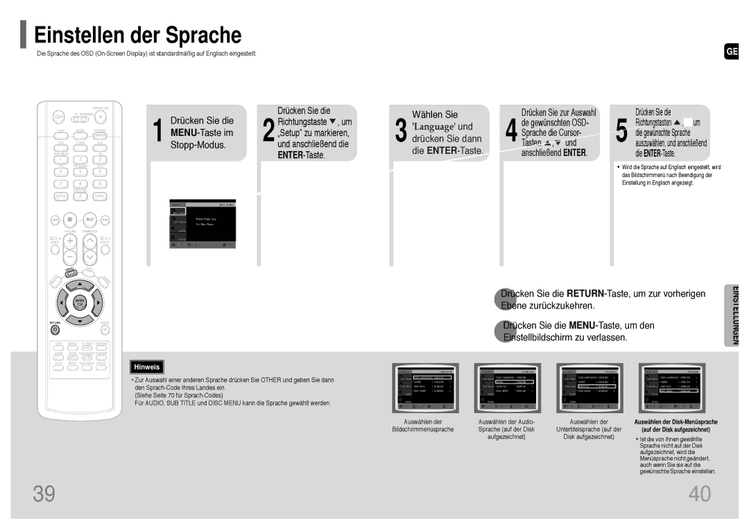 Samsung HT-UP30R/ELS, HT-UP30R/EDC, HT-TP33R/ELS, HT-TP33R/EDC manual Wählen Sie, Drücken Sie zur Auswahl 