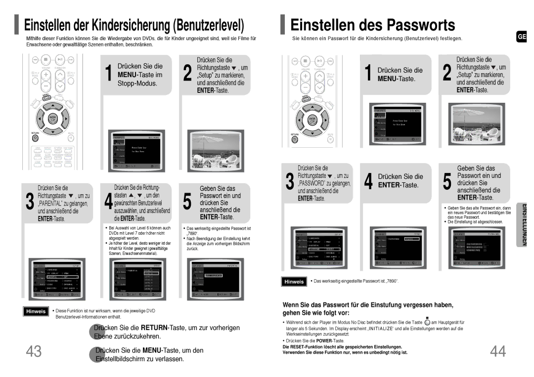 Samsung HT-TP33R/EDC Drücken Sie die MENU-Taste, Geben Sie das, Passwort ein und drücken Sie anschließend die ENTER-Taste 