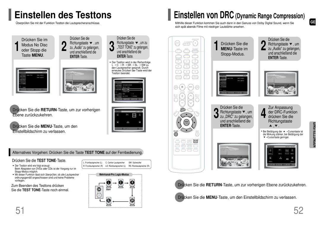 Samsung HT-TP33R/EDC, HT-UP30R/EDC manual Einstellen des Testtons, Drücken Sie im Modus No Disc oder Stopp die Taste Menu 