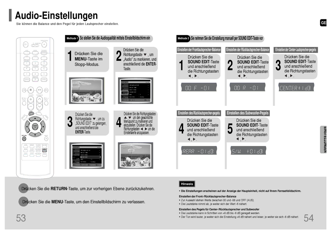 Samsung HT-UP30R/EDC, HT-UP30R/ELS, HT-TP33R/ELS, HT-TP33R/EDC manual Sound EDIT-Taste und anschließend die Richtungstasten 