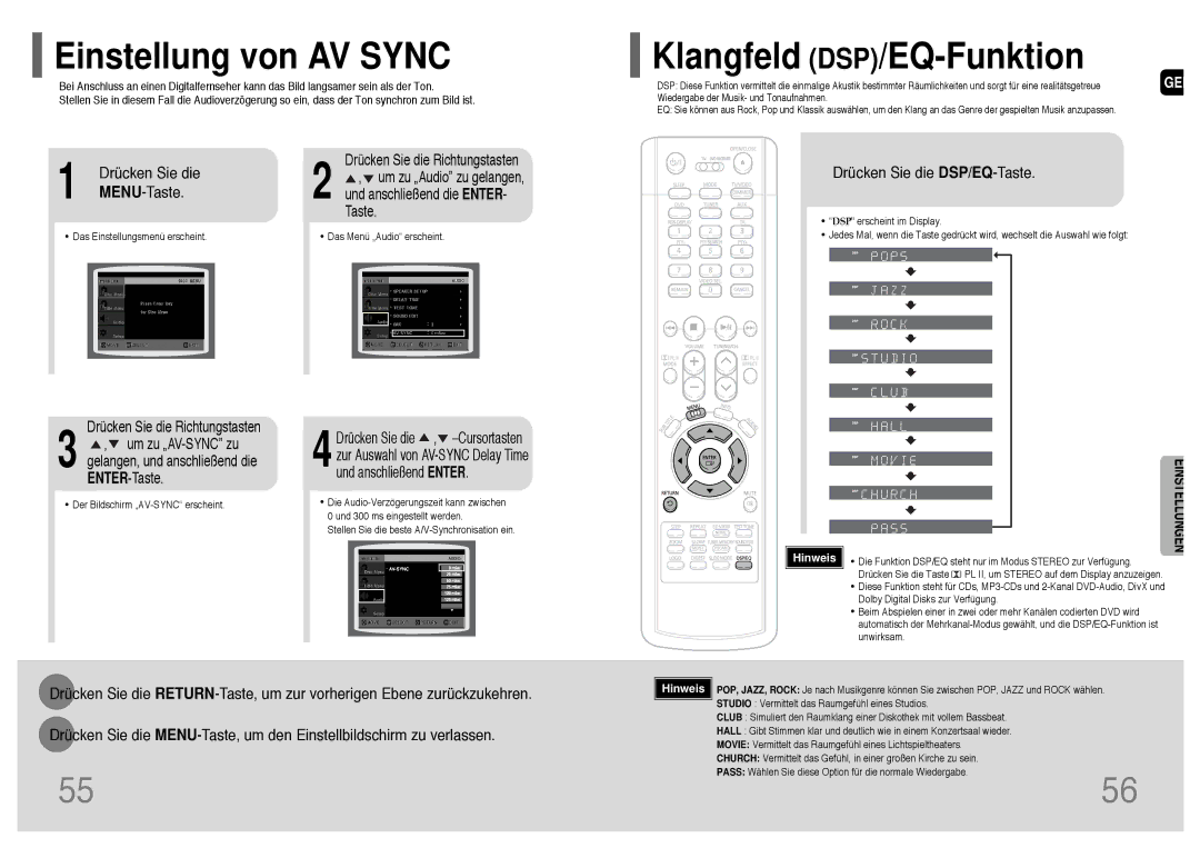 Samsung HT-UP30R/ELS manual Einstellung von AV Sync, Klangfeld DSP/EQ-Funktion, MENU-Taste, Drücken Sie die DSP/EQ-Taste 