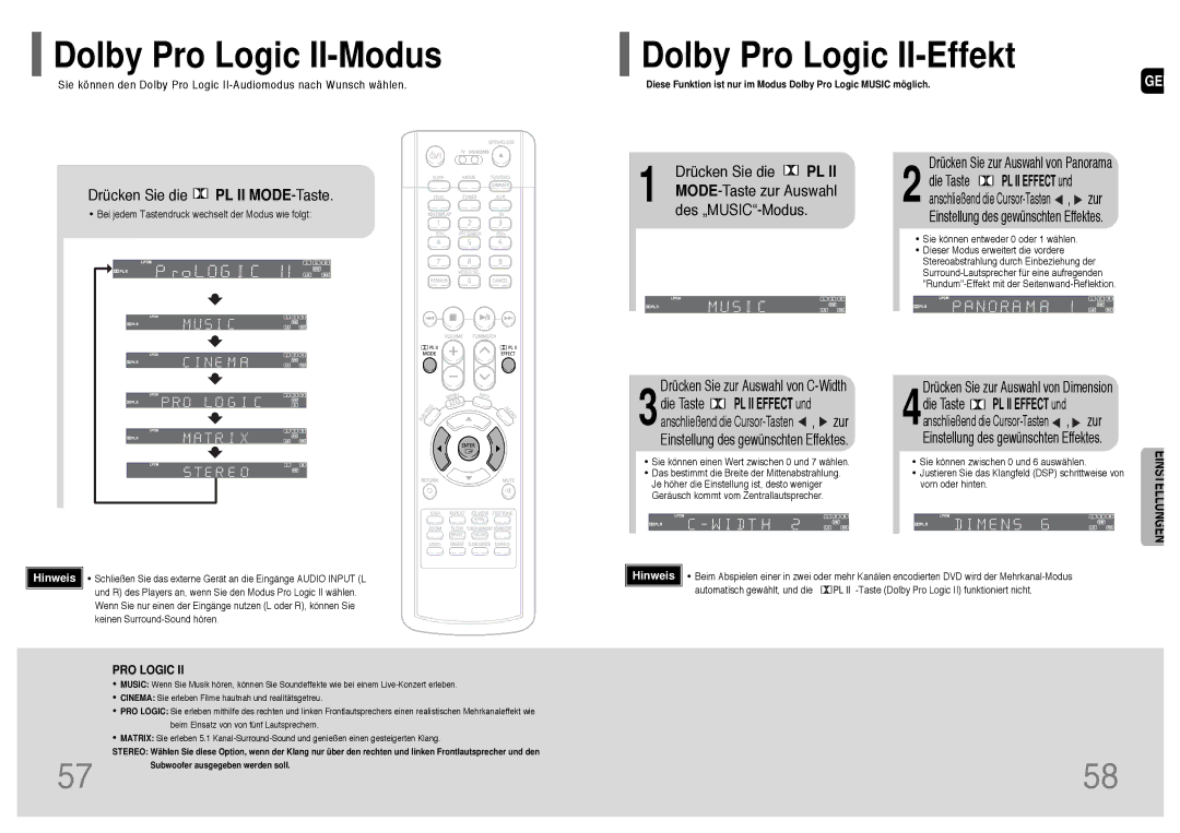 Samsung HT-TP33R/ELS, HT-UP30R/EDC, HT-UP30R/ELS, HT-TP33R/EDC manual Dolby Pro Logic II-Modus, Dolby Pro Logic II-Effekt 