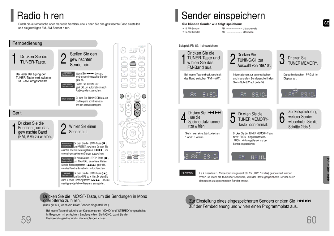 Samsung HT-TP33R/EDC manual Radio hören, Sender einspeichern, Fernbedienung, Stellen Sie den Gewünschten Sender ein, Gerät 