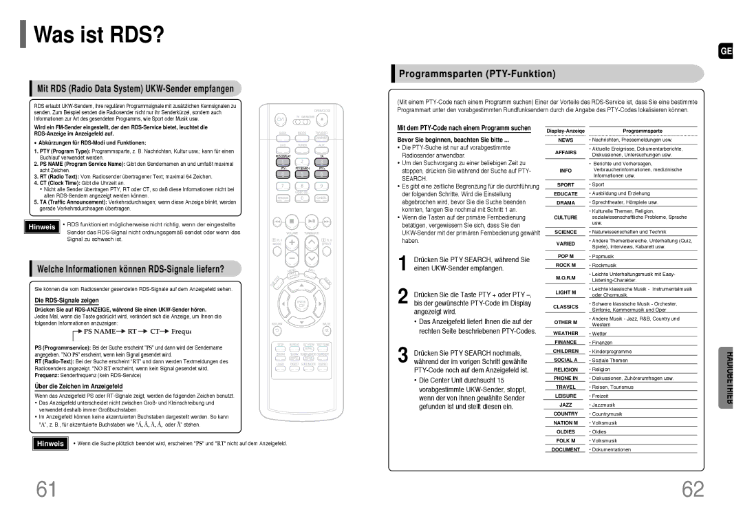 Samsung HT-UP30R/EDC manual Was ist RDS?, Programmsparten PTY-Funktion, Mit RDS Radio Data System UKW-Sender empfangen 