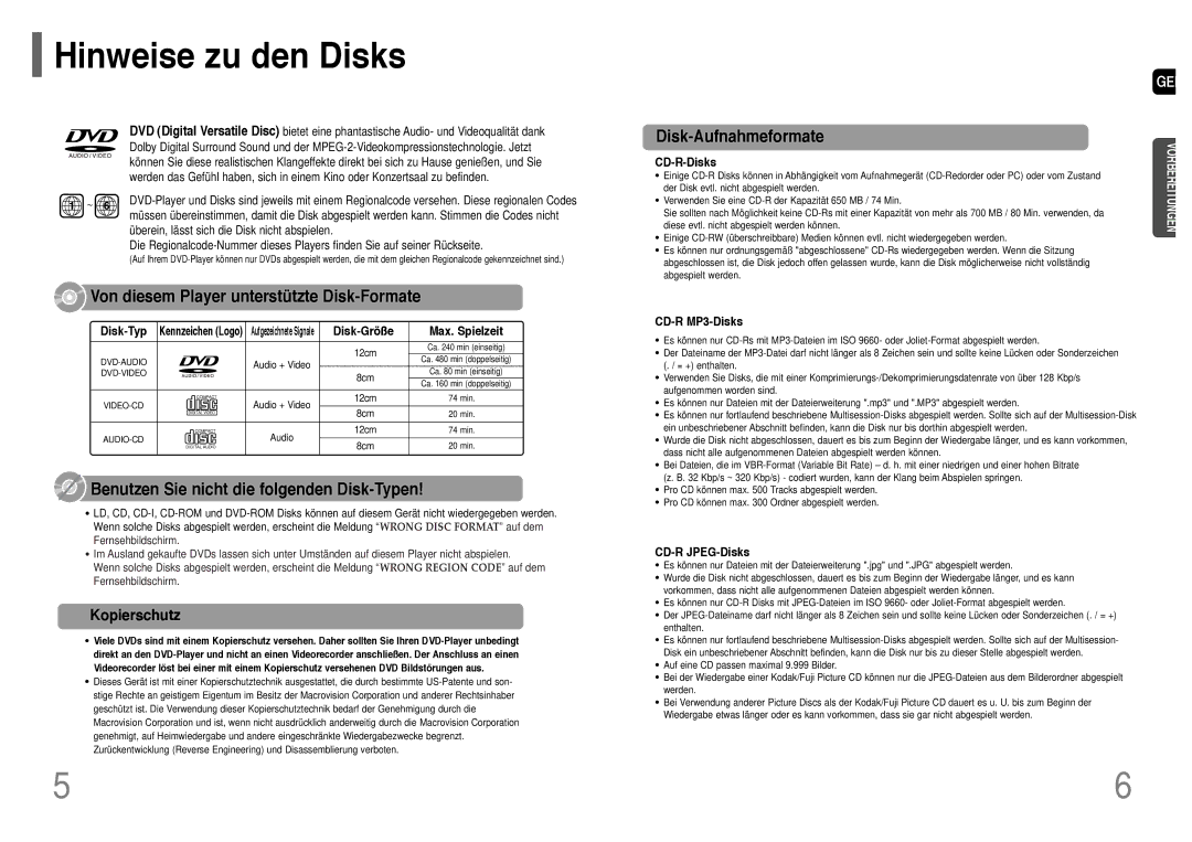 Samsung HT-UP30R/EDC, HT-UP30R/ELS, HT-TP33R/ELS, HT-TP33R/EDC manual Hinweise zu den Disks, Kopierschutz 