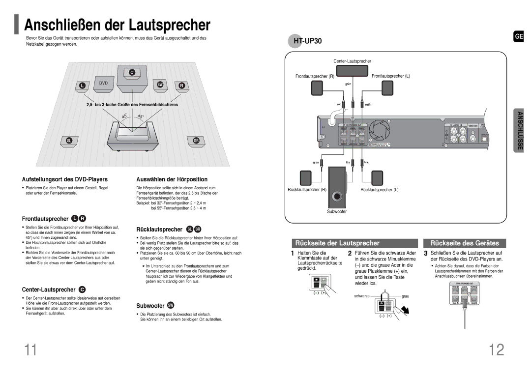 Samsung HT-TP33R/EDC, HT-UP30R/EDC, HT-UP30R/ELS, HT-TP33R/ELS manual Anschließen der Lautsprecher 