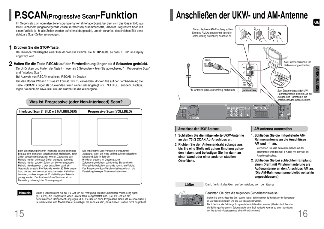 Samsung HT-UP30R/ELS, HT-UP30R/EDC, HT-TP33R/ELS, HT-TP33R/EDC Drücken Sie die STOP-Taste, AM antenna connection, Lüfter 