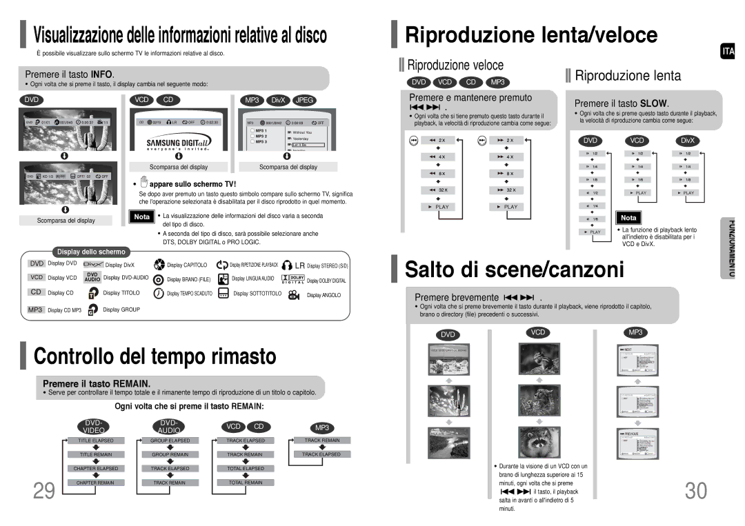 Samsung HT-UP30R/EDC, HT-UP30R/ELS, HT-TP33R/ELS Riproduzione lenta/veloce, Salto di scene/canzoni, Premere il tasto Remain 