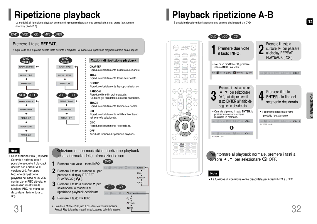 Samsung HT-UP30R/ELS, HT-UP30R/EDC, HT-TP33R/ELS Ripetizione playback, Playback ripetizione A-B, Premere il tasto Repeat 