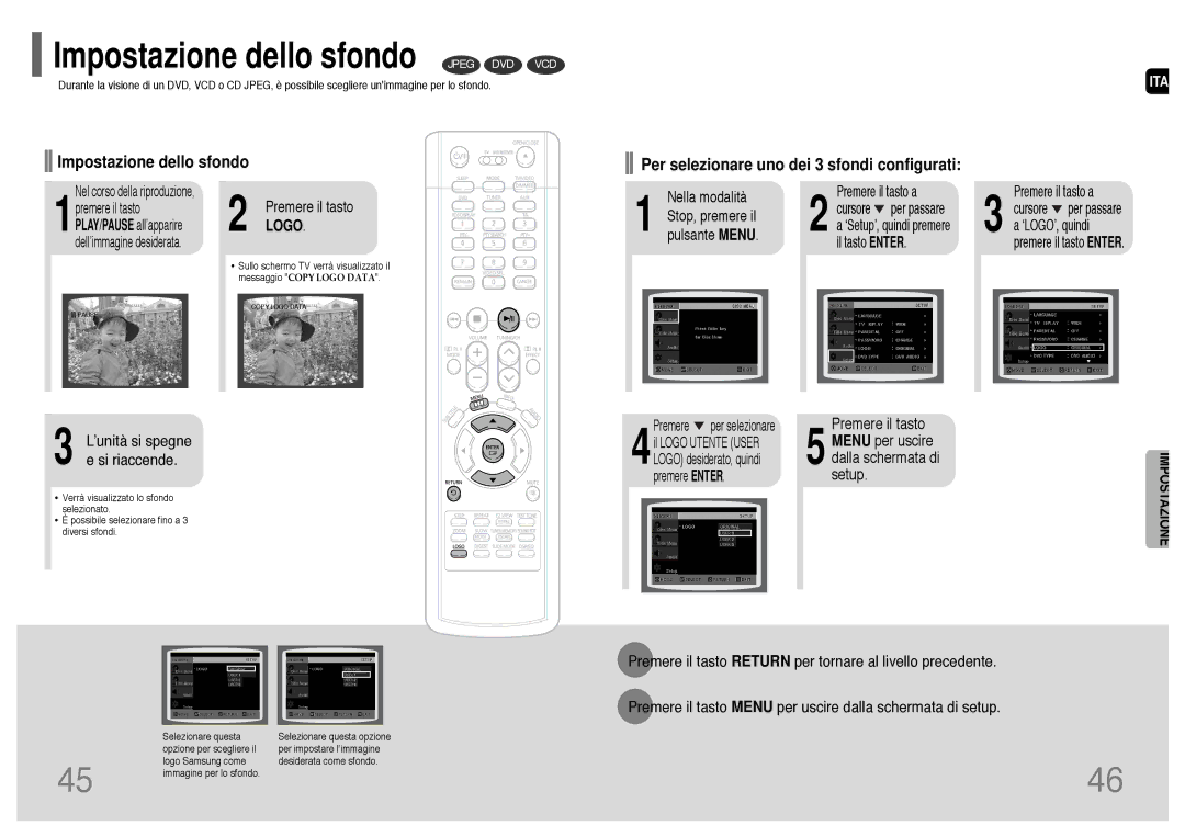 Samsung HT-UP30R/EDC, HT-UP30R/ELS, HT-TP33R/ELS, HT-TP33R/EDC manual ’unità si spegne e si riaccende, Menu per uscire, Setup 