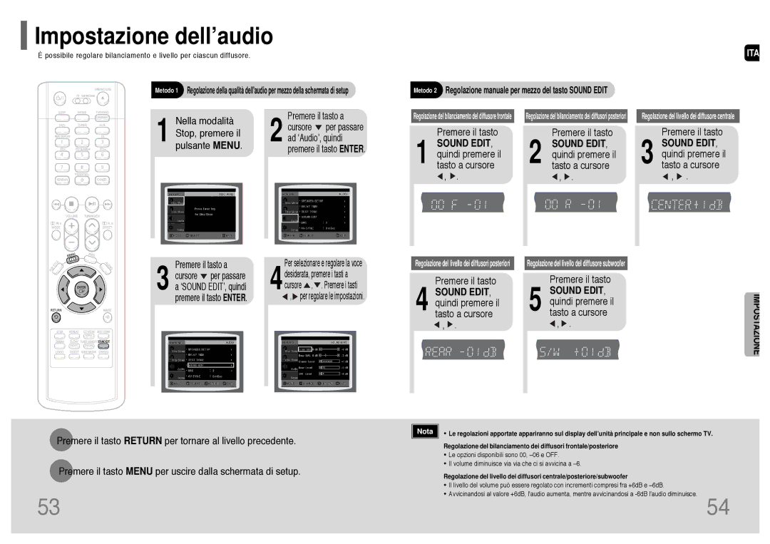 Samsung HT-UP30R/EDC, HT-UP30R/ELS, HT-TP33R/ELS Impostazione dell’audio, Sound EDIT, quindi premere il tasto a cursore 