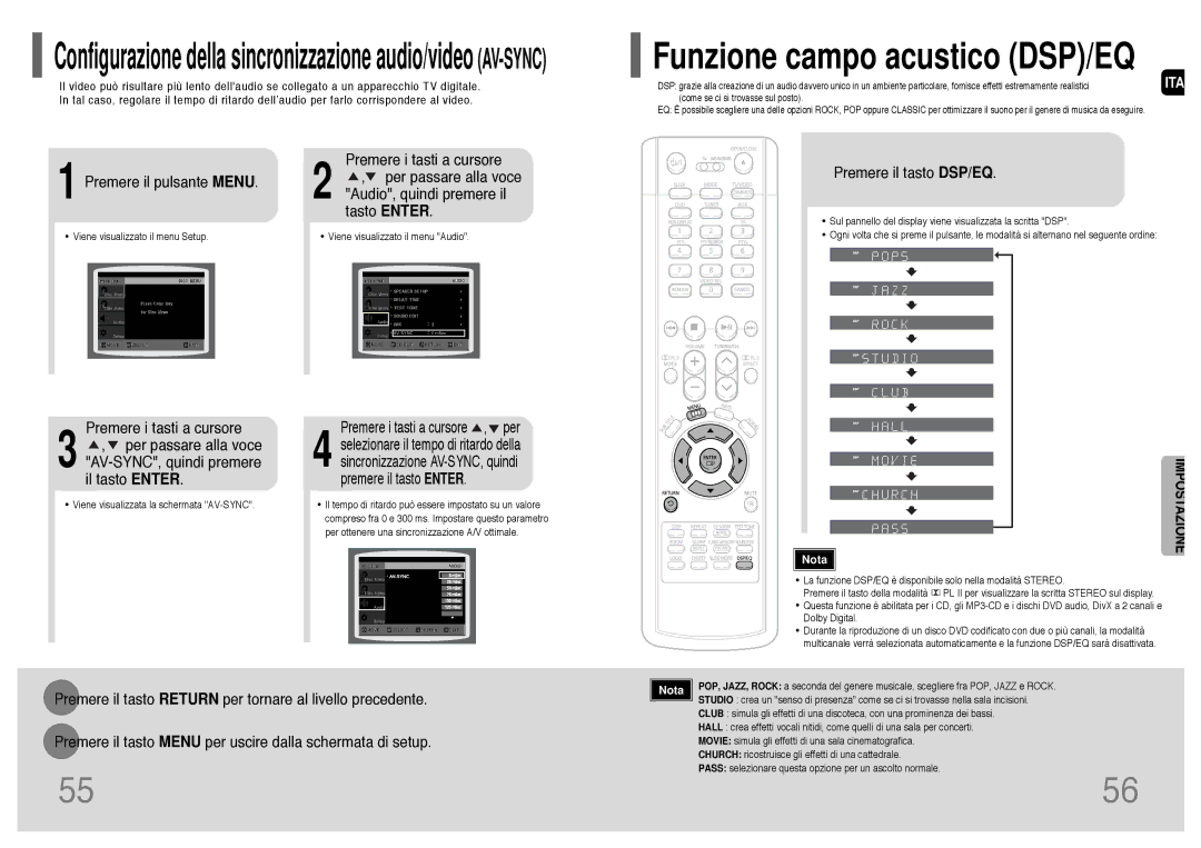 Samsung HT-UP30R/ELS, HT-UP30R/EDC, HT-TP33R/ELS, HT-TP33R/EDC manual Premere il pulsante Menu, Premere il tasto DSP/EQ 