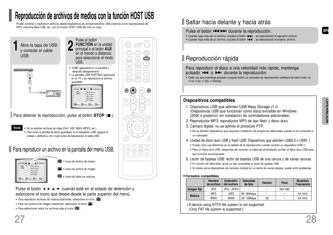 Samsung HT-UP30R manual Abra la tapa de USB y conecte el cable USB, Para detener la reproducción, pulse el botón Stop 