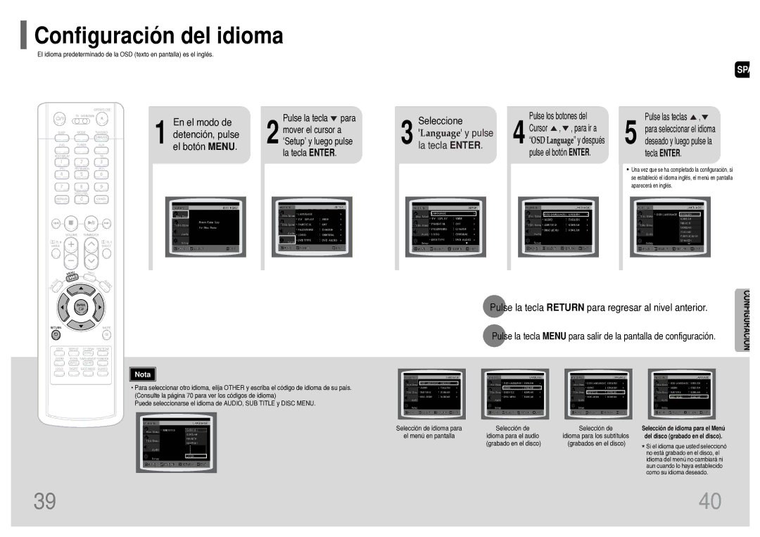 Samsung HT-UP30R/ELS manual Configuración del idioma 