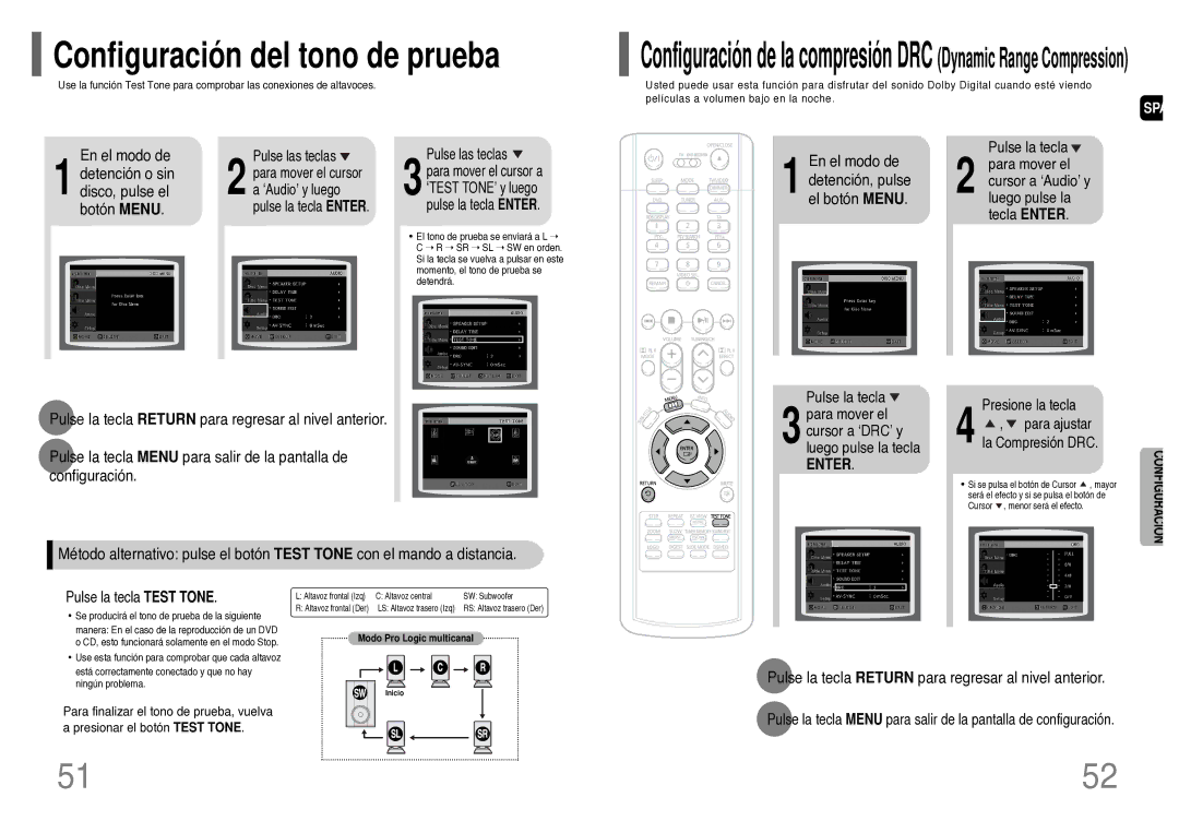 Samsung HT-UP30R manual Detención o sin, Disco, pulse el, Cursor a ‘DRC’ y luego pulse la tecla, Pulse la tecla Test Tone 