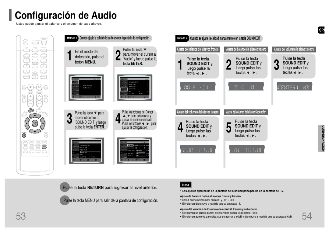 Samsung HT-UP30R/ELS manual Configuración de Audio, Sound Edit y luego pulse la tecla, Sound Edit y luego pulse las teclas 