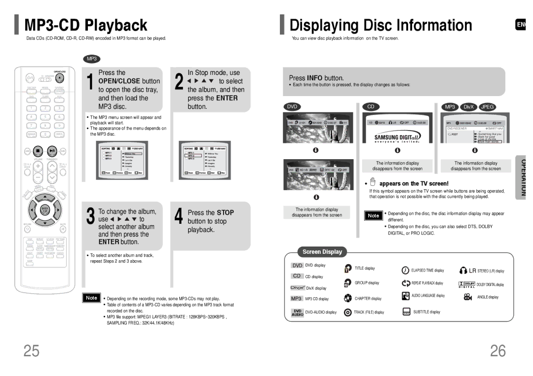 Samsung HT-WP38 MP3-CD Playback, Press, OPEN/CLOSE button to open the disc tray, and then load, MP3 disc, Button 