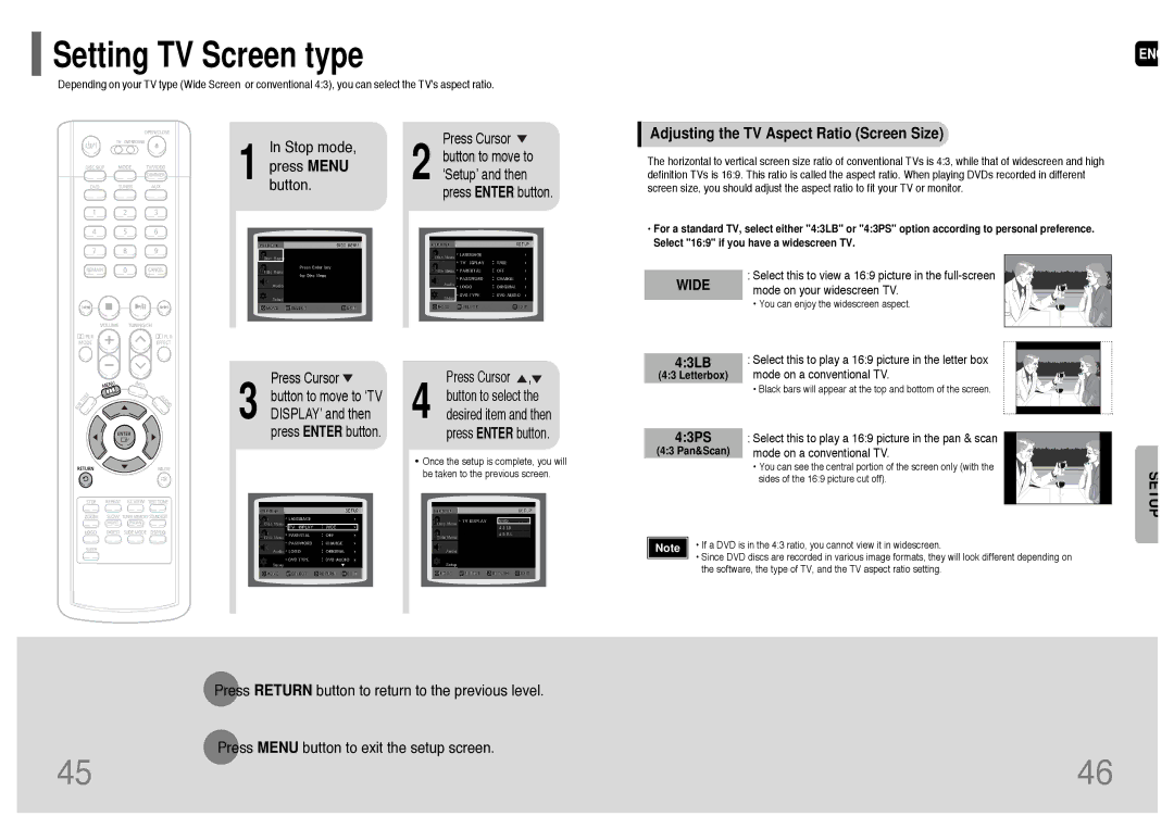 Samsung HT-WP38 instruction manual Stop mode, Adjusting the TV Aspect Ratio Screen Size, 43LB, 43PS 