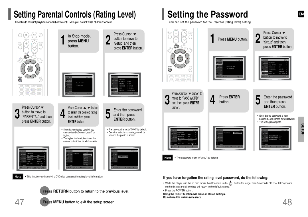 Samsung HT-WP38 Setting the Password, Press Menu button, Press Enter button Enter the password and then press 