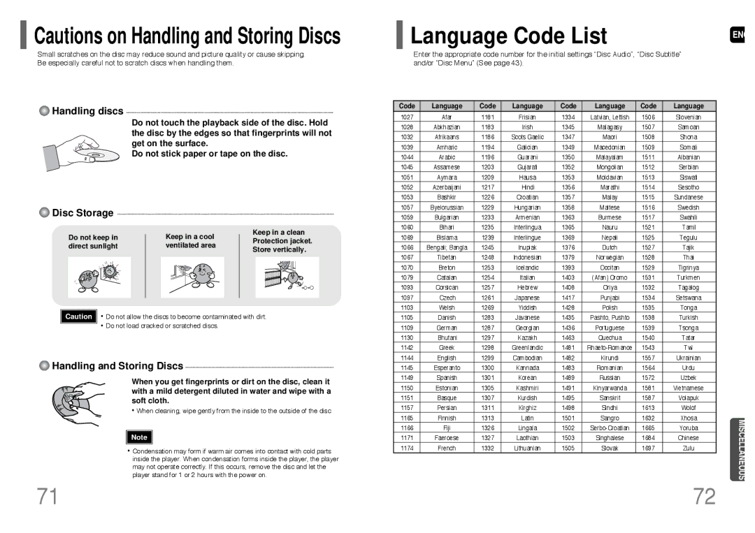 Samsung HT-WP38 instruction manual Language Code List, Do not load cracked or scratched discs 