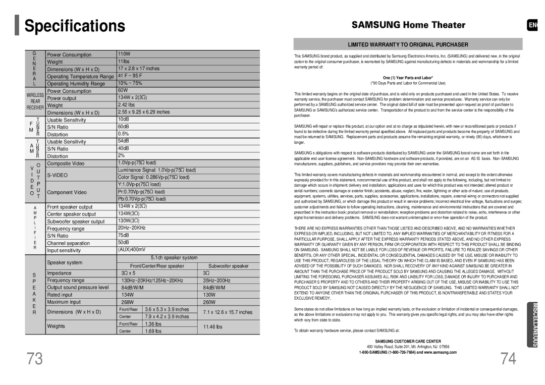 Samsung HT-WP38 instruction manual Specifications 