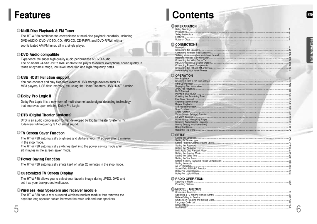 Samsung HT-WP38 instruction manual Contents 