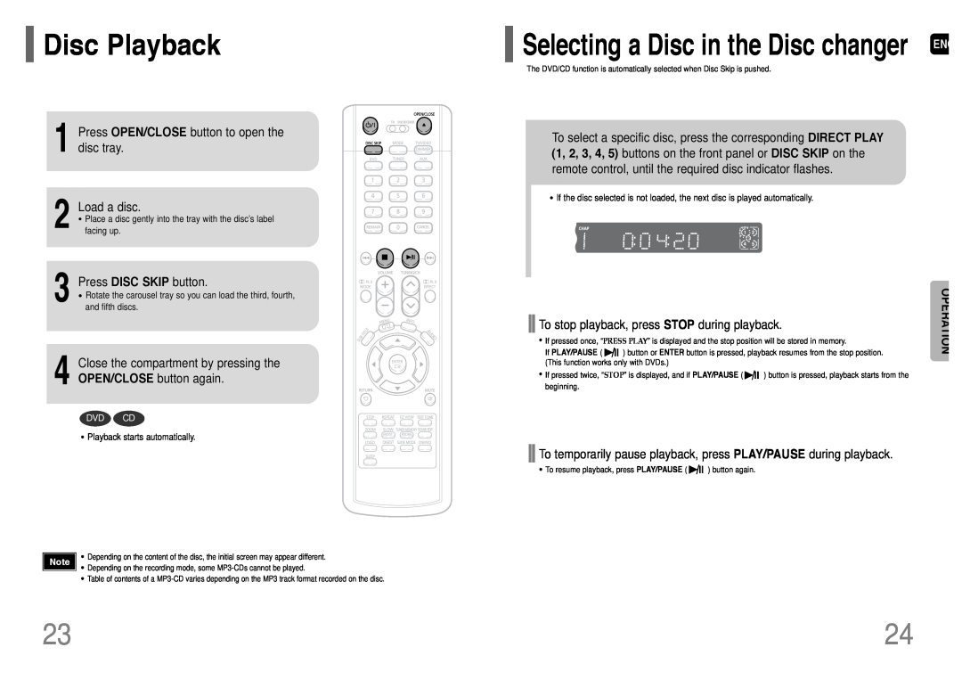 Samsung HT-WP38 instruction manual Disc Playback, Operation, Selecting a Disc in the Disc changer 