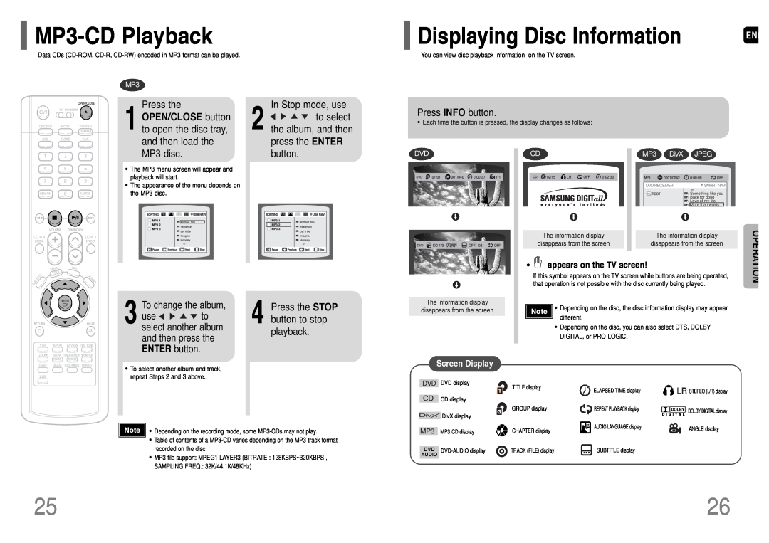 Samsung HT-WP38 instruction manual MP3-CDPlayback, Displaying Disc Information, Operation 