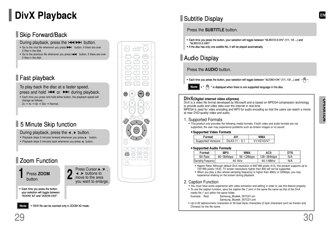 Samsung HT-WP38 DivX Playback, Subtitle Display, Skip Forward/Back, Fast playback, Minute Skip function, Audio Display 