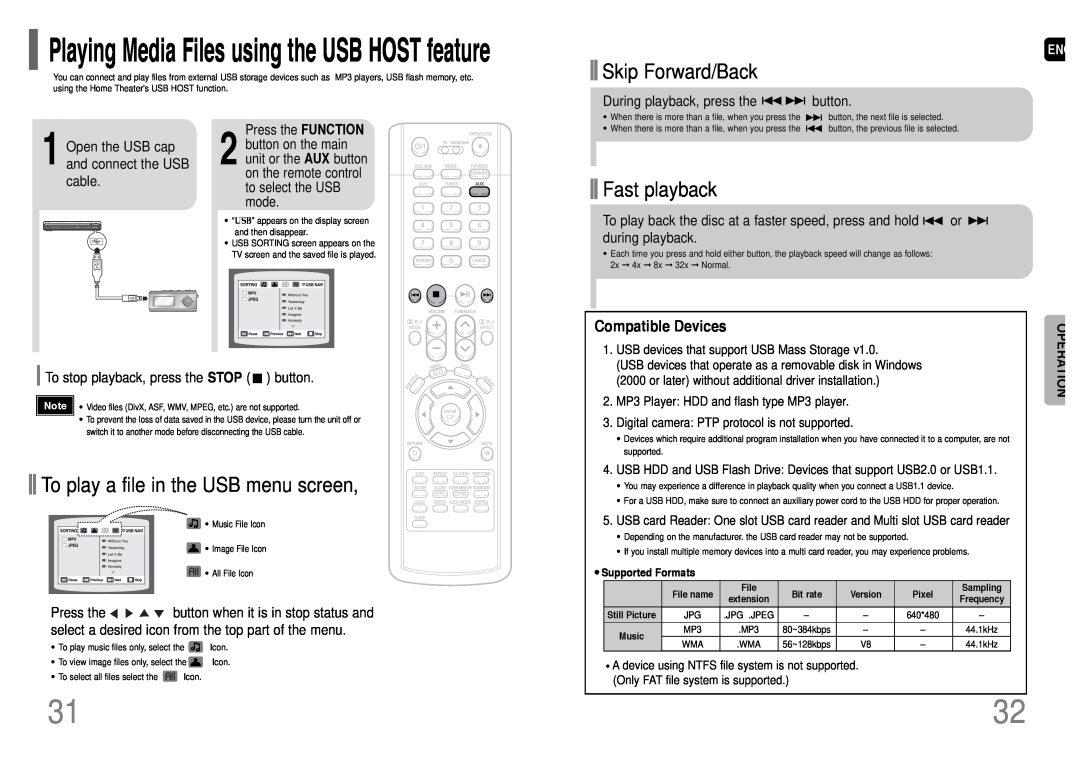 Samsung HT-WP38 Playing Media Files using the USB HOST feature, To play a file in the USB menu screen, Compatible Devices 