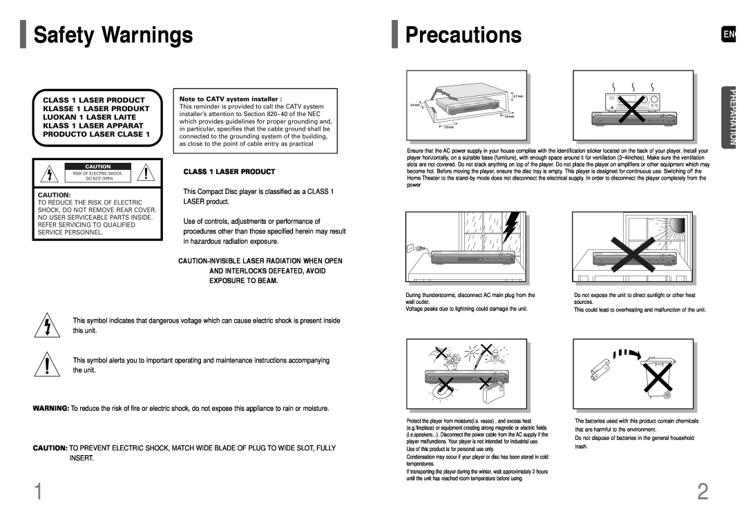 Samsung HT-WP38 instruction manual Safety Warnings, PrecautionsENG, Preparation, CLASS 1 LASER PRODUCT 