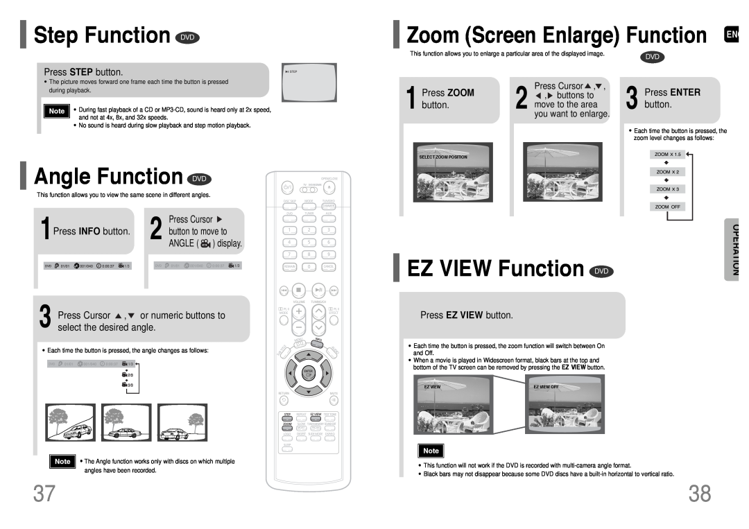 Samsung HT-WP38 Step Function DVD, Angle Function DVD, EZ VIEW Function DVD, Zoom Screen Enlarge Function ENG, Operation 