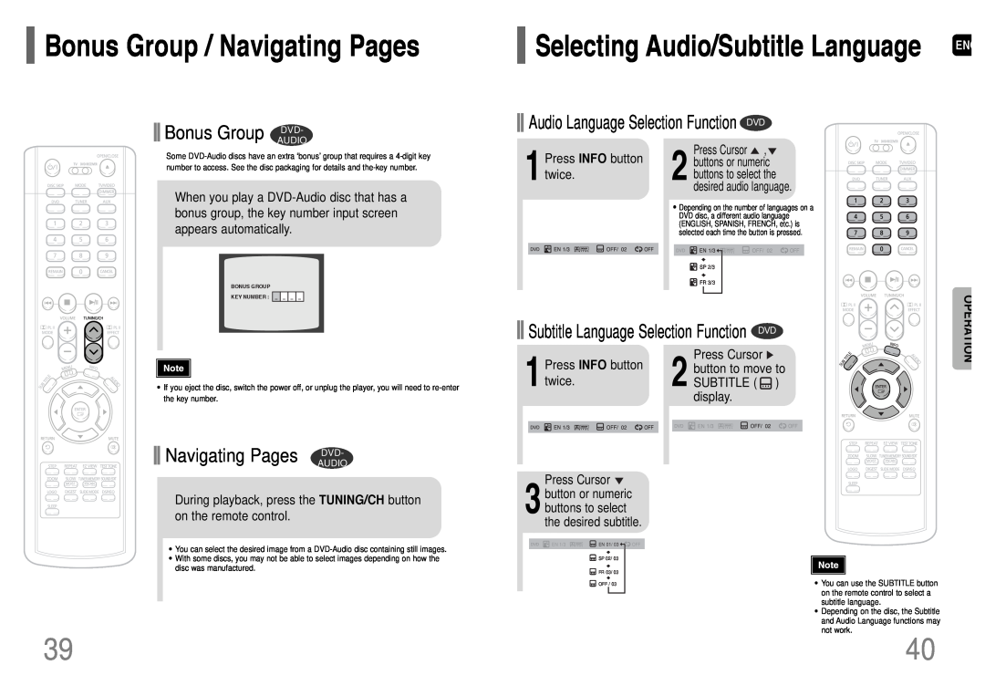 Samsung HT-WP38 Bonus Group / Navigating Pages, Bonus Group DVD, Navigating Pages DVD, Selecting Audio/Subtitle Language 