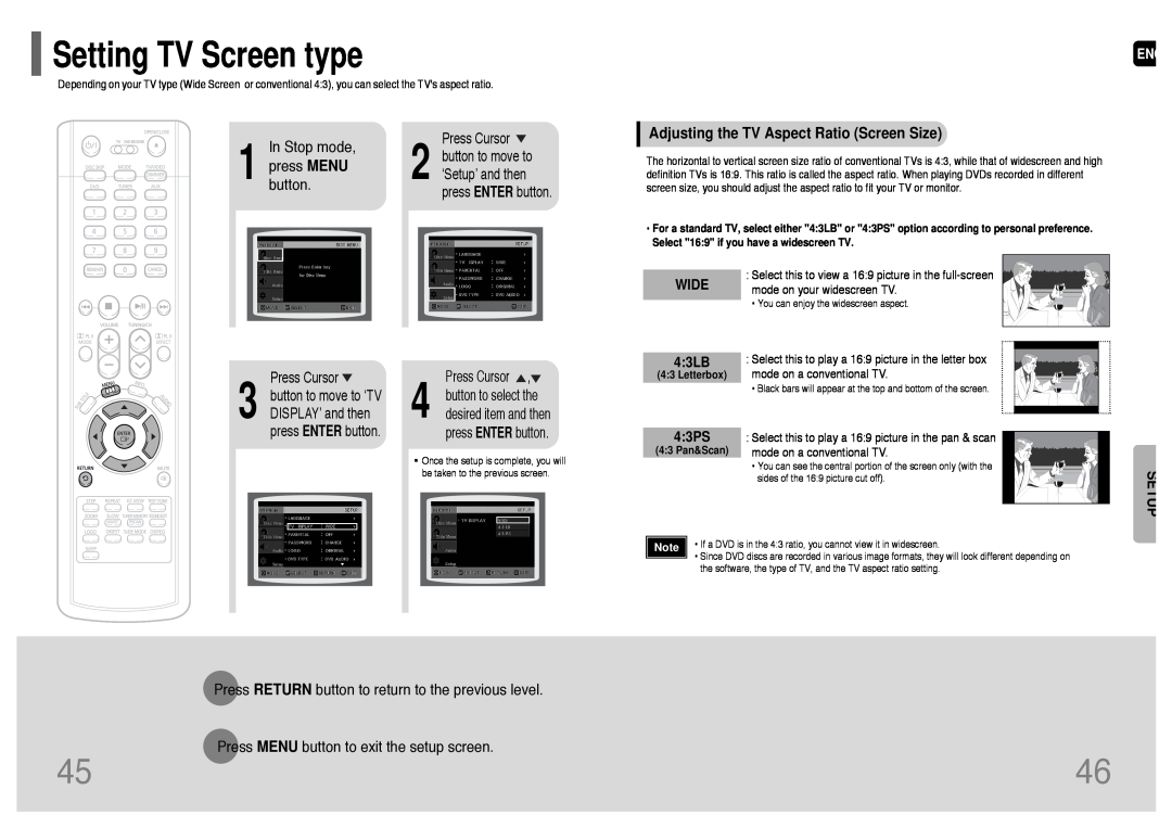 Samsung HT-WP38 Setting TV Screen type, Setup, press MENU, button, Adjusting the TV Aspect Ratio Screen Size, WIDE 4 3LB 