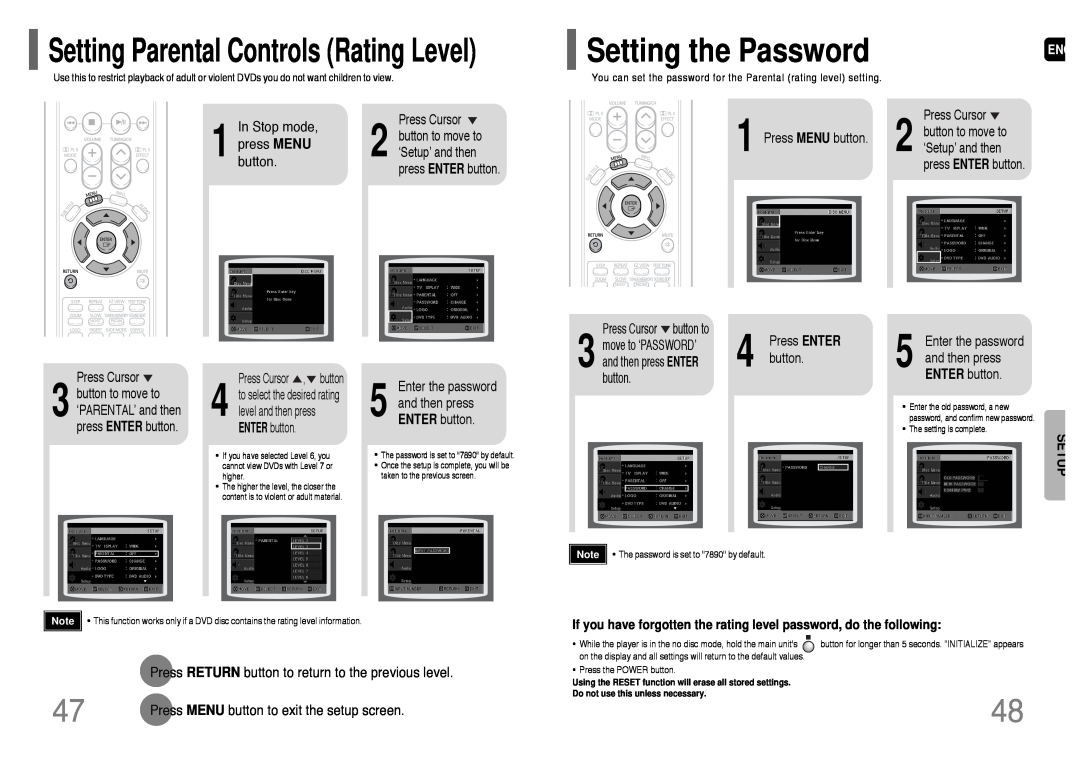 Samsung HT-WP38 Setting the Password, Setting Parental Controls Rating Level, Stop mode, Press MENU button, ENTER button 