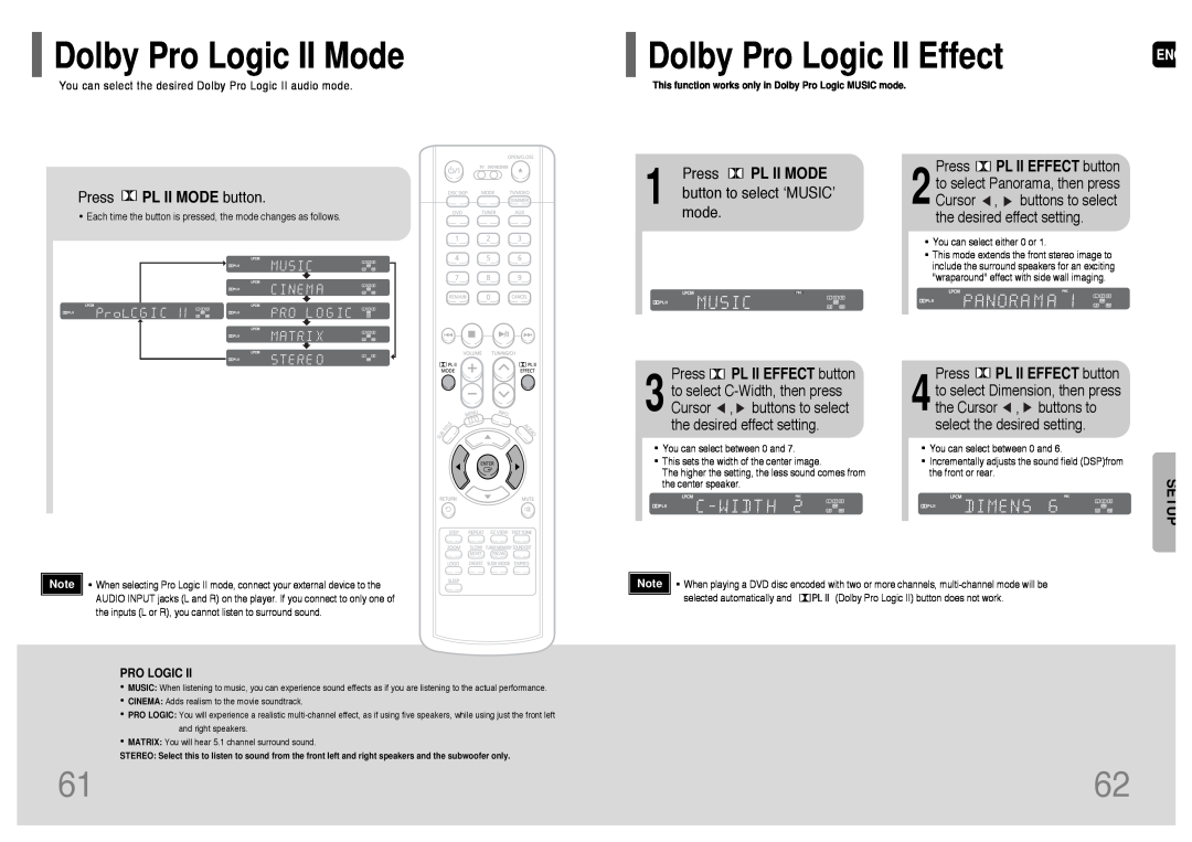 Samsung HT-WP38 Dolby Pro Logic II Mode, Dolby Pro Logic II Effect, Press PL II MODE button, button to select ‘MUSIC’ 