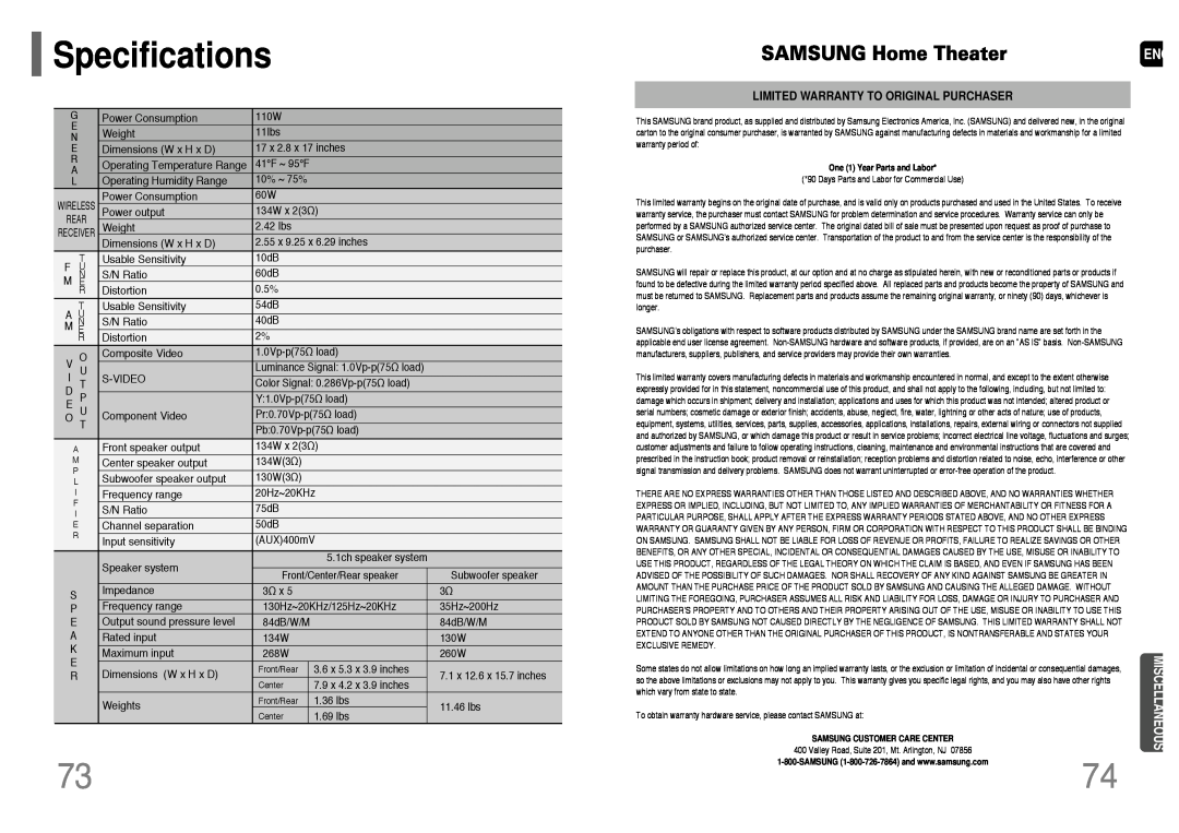 Samsung HT-WP38 instruction manual Specifications, SAMSUNG Home Theater 