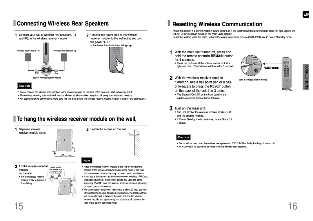 Samsung HT-WP38 Connecting Wireless Rear Speakers, Resetting Wireless Communication, Connections, Turn on the main unit 