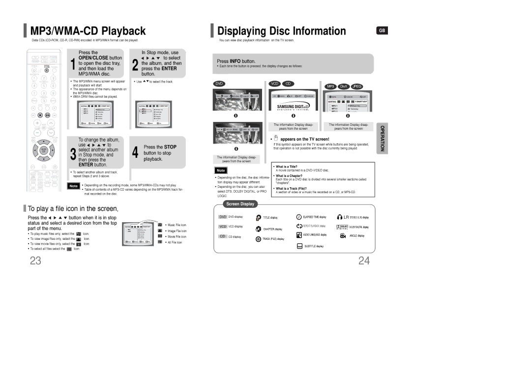 Samsung HT-WQ20R/ELS manual MP3/WMA-CD Playback, Press Info button, Appears on the TV screen 