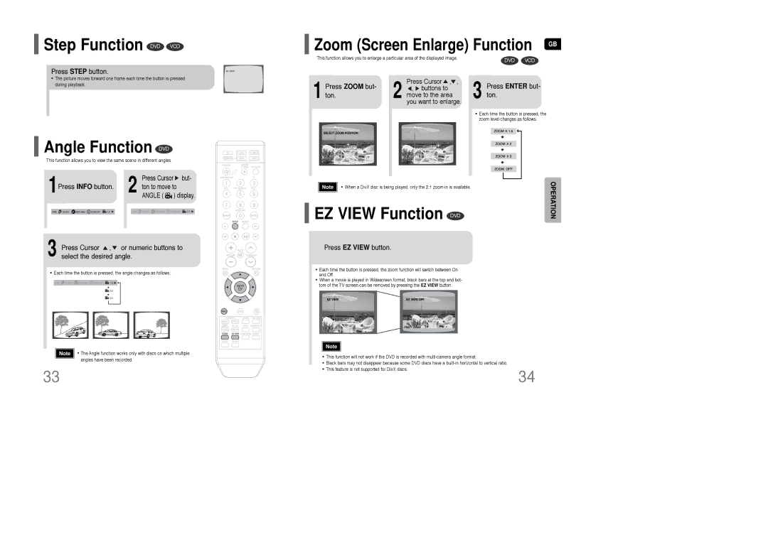 Samsung HT-WQ20R/ELS manual Step Function DVD VCD, Angle Function DVD, EZ View Function DVD, Zoom Screen Enlarge Function 