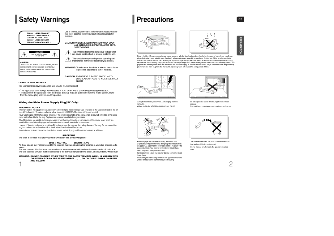 Samsung HT-WQ20R/ELS manual Safety Warnings PrecautionsGB, Preparation 