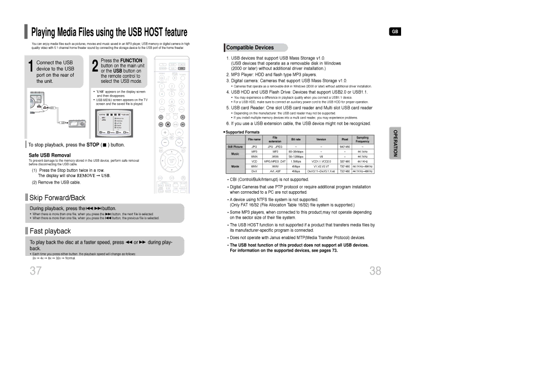 Samsung HT-WQ20R/ELS manual To stop playback, press the Stop button, Safe USB Removal 