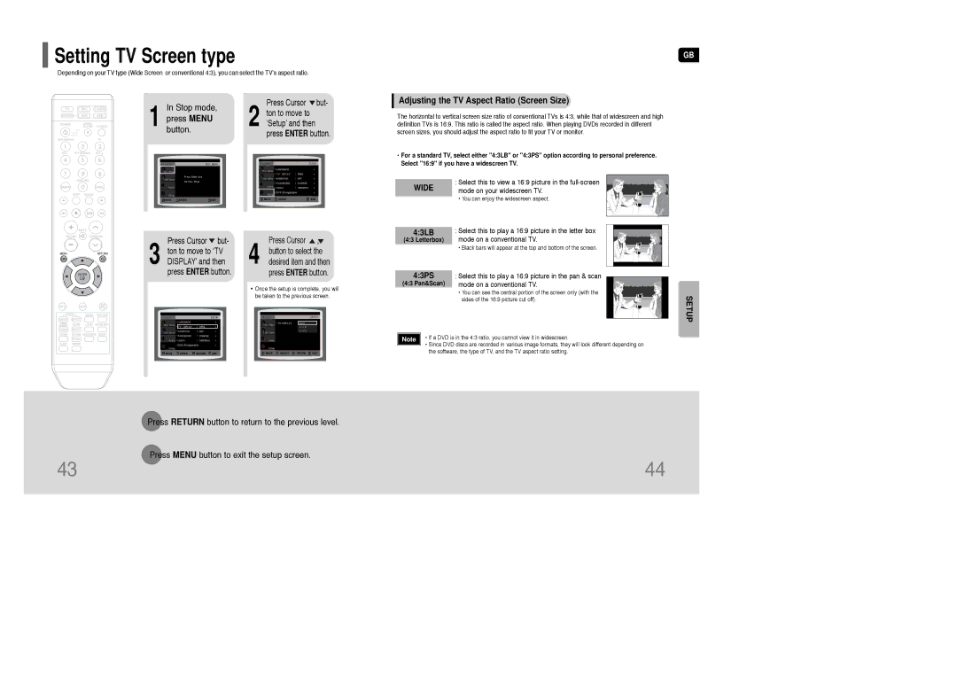 Samsung HT-WQ20R/ELS manual Adjusting the TV Aspect Ratio Screen Size, 43LB, 43PS, Letterbox, 43 Pan&Scan 