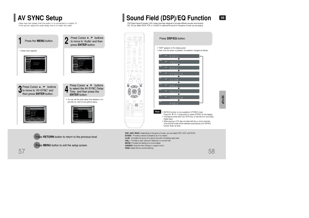 Samsung HT-WQ20R/ELS manual AV Sync Setup, Press the Menu button, Press DSP/EQ button 