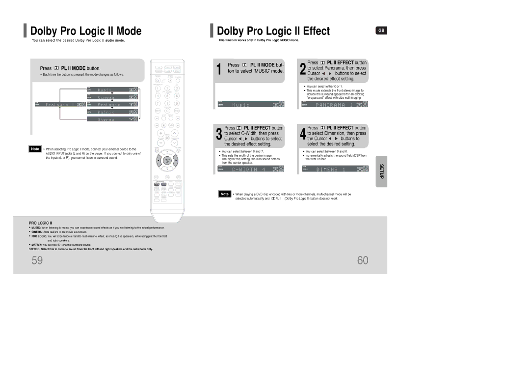 Samsung HT-WQ20R/ELS manual Dolby Pro Logic II Mode, Press PL II Mode button, Ton to select ‘MUSIC’ mode 