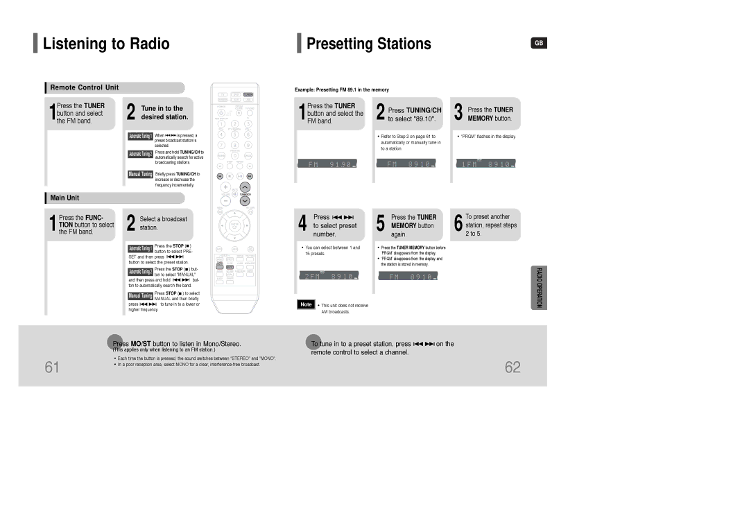 Samsung HT-WQ20R/ELS Listening to Radio, Remote Control Unit, Tune in to the desired station, Press TUNING/CH, Main Unit 