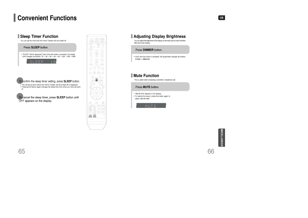 Samsung HT-WQ20R/ELS Convenient Functions, Press Sleep button, To confirm the sleep timer setting, press Sleep button 